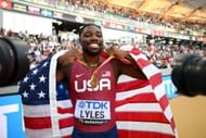 Noah Lyles reacts after winning the Men's 100m Final during the 2023 World Athletics Championships in Budapest, Hungary